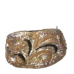 Antique silk ivory platinum beaded pearls sequins New Years Eve zipper p…